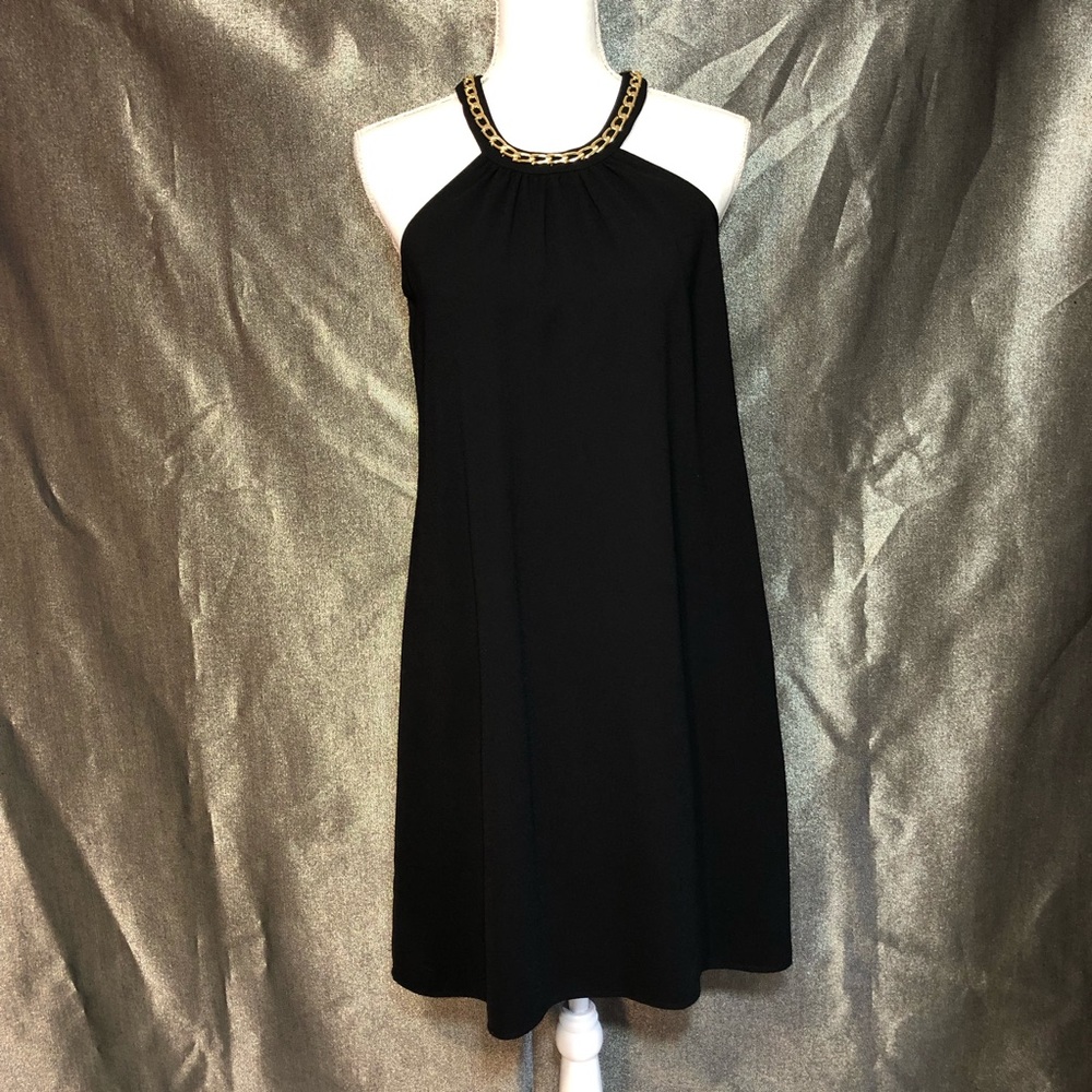 Calvin Klein Gold Chain Neckline Sleeveless Black Dress